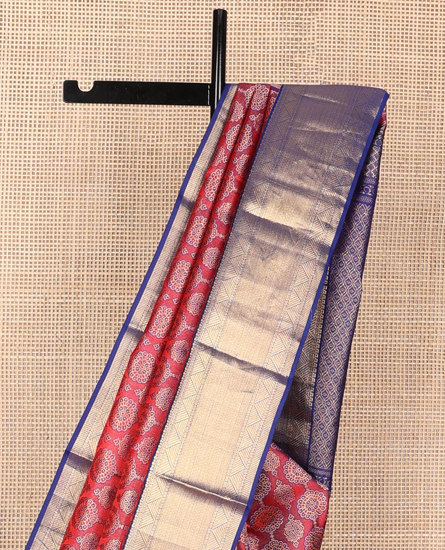 Red ajrakh-style jacquard wedding silk saree, contrast jaal pallu & border of geometric patterns
