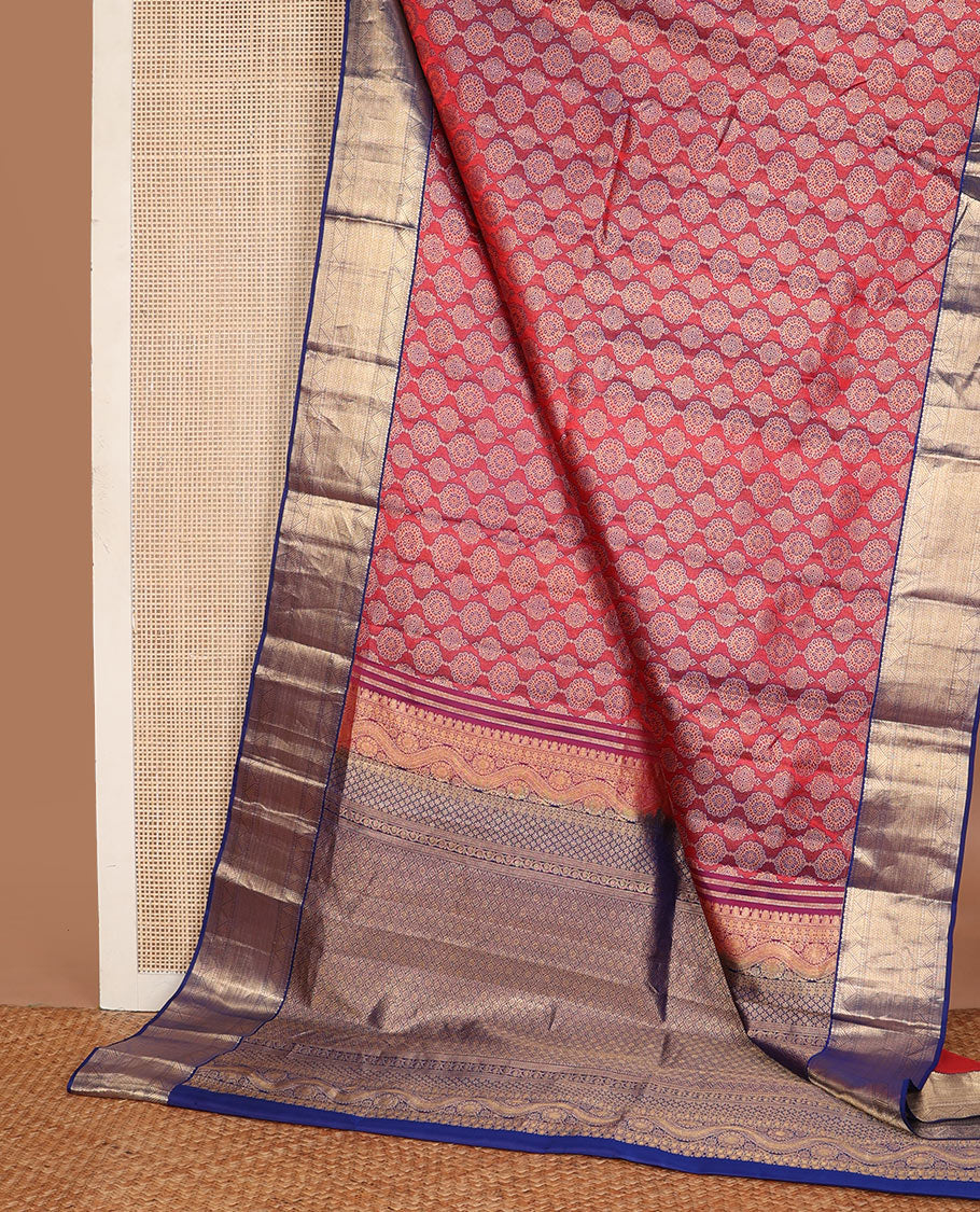 Red ajrakh-style jacquard wedding silk saree, contrast jaal pallu & border of geometric patterns