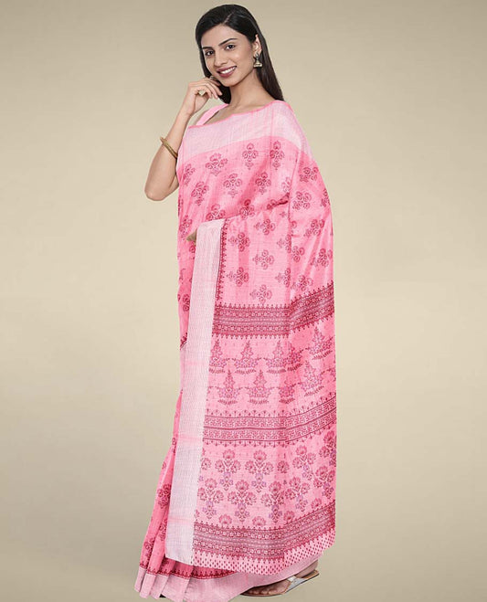 Pink budget cotton saree with unique buttas, self-border & pallu of intricate designs
