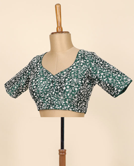 Green floral vine thread embroidered front & back leaf-neck raw-silk readymade half-sleeve blouse