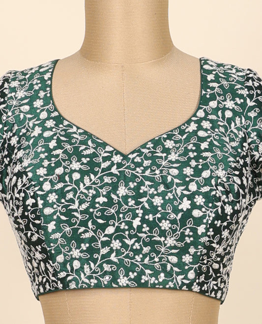 Green floral vine thread embroidered front & back leaf-neck raw-silk readymade half-sleeve blouse
