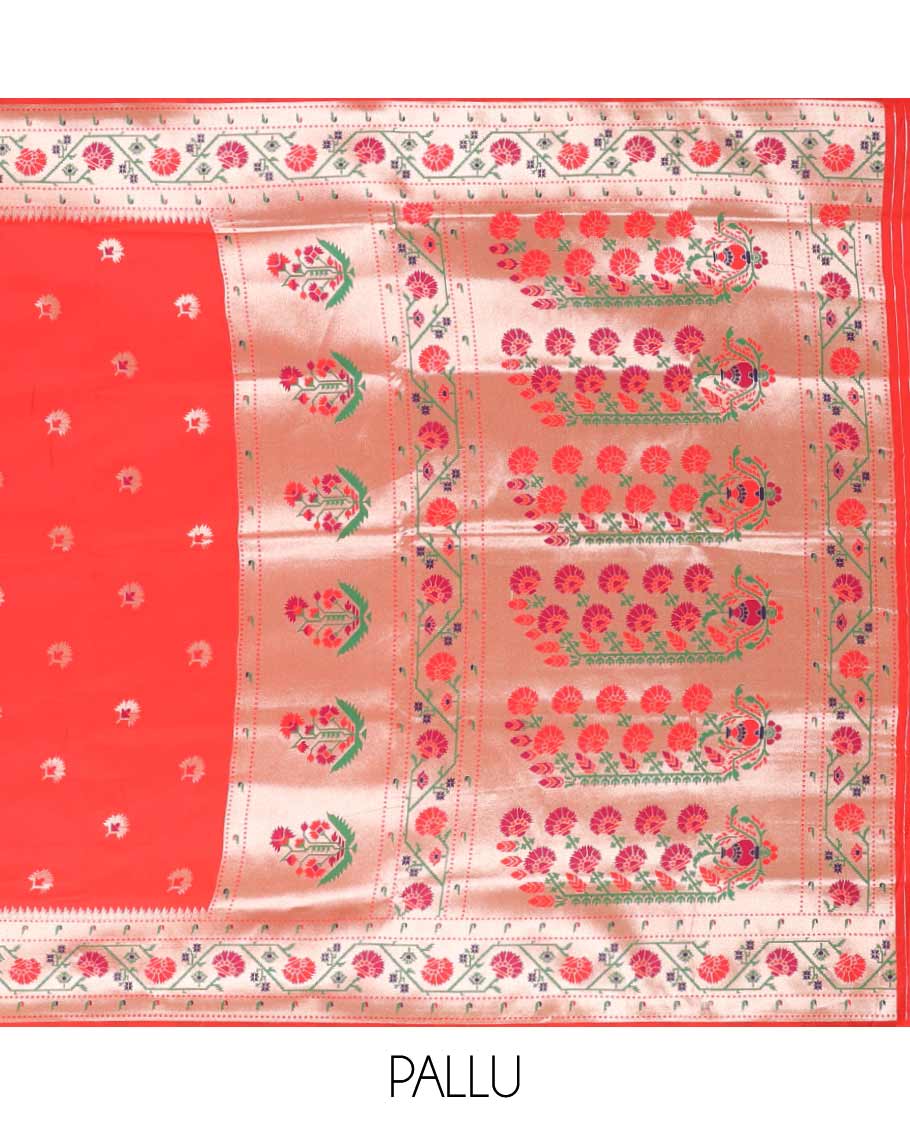 Red Semi banaras paithani saree with unique buttas, self border & pallu of paithani-style floral designs