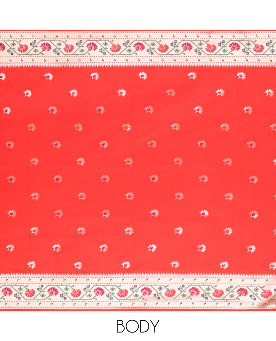 Red Semi banaras paithani saree with unique buttas, self border & pallu of paithani-style floral designs