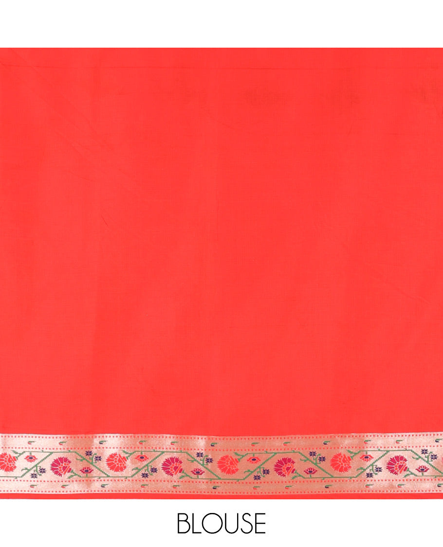 Red Semi banaras paithani saree with unique buttas, self border & pallu of paithani-style floral designs