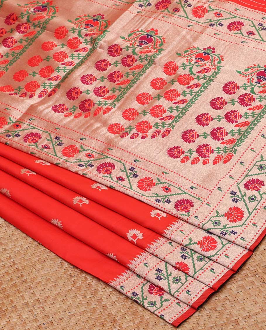 Red Semi banaras paithani saree with unique buttas, self border & pallu of paithani-style floral designs