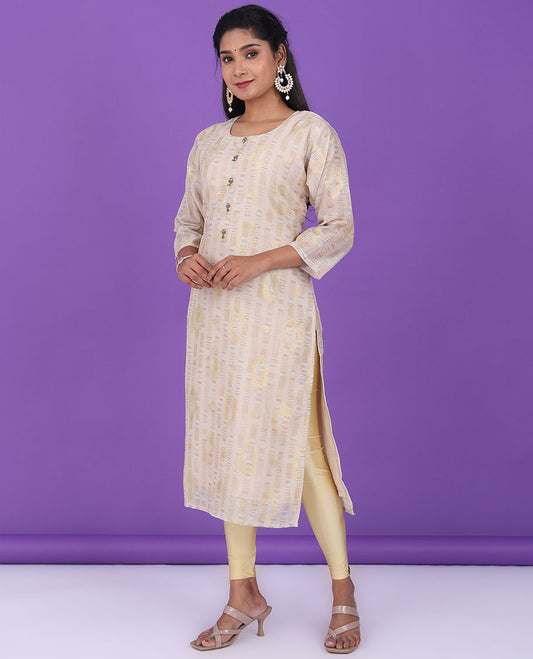 Light sandal uniquely designed round-neck & 3/4th sleeve cotton straight-cut below-knee kurti
