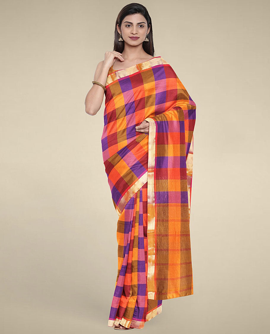 Multi-color micro-checked design poly cotton saree, zari border & contrast pallu of stripes 