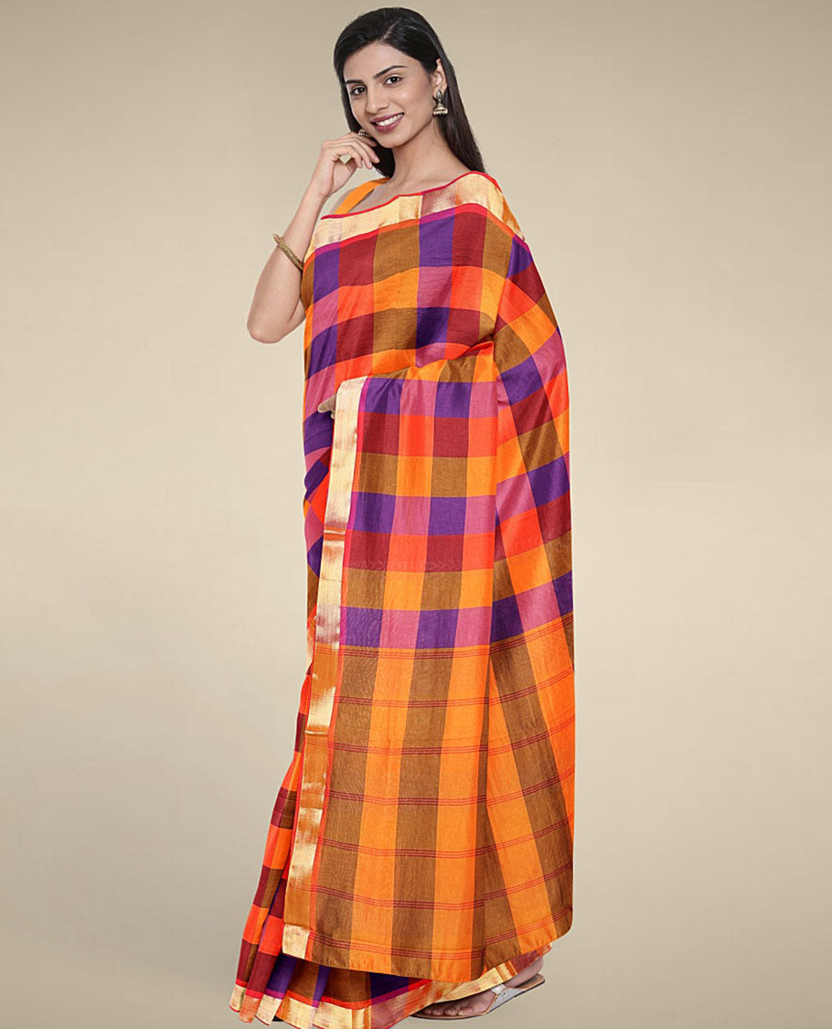 Multi-color micro-checked design poly cotton saree, zari border & contrast pallu of stripes 