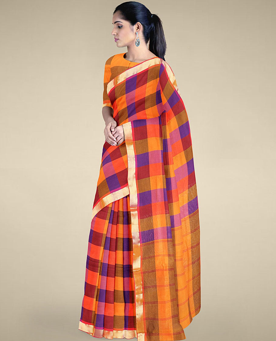 Multi-color micro-checked design poly cotton saree, zari border & contrast pallu of stripes 
