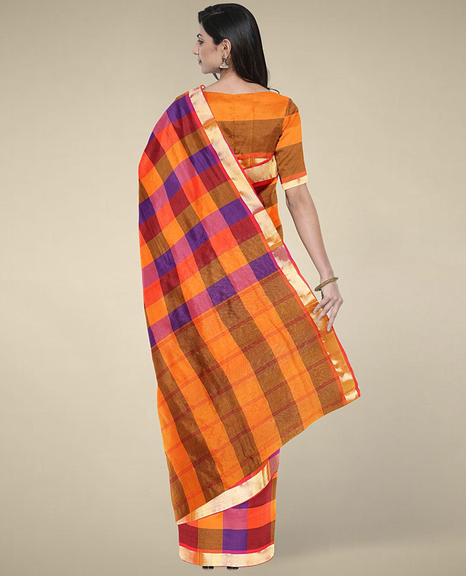 Multi-color micro-checked design poly cotton saree, zari border & contrast pallu of stripes 