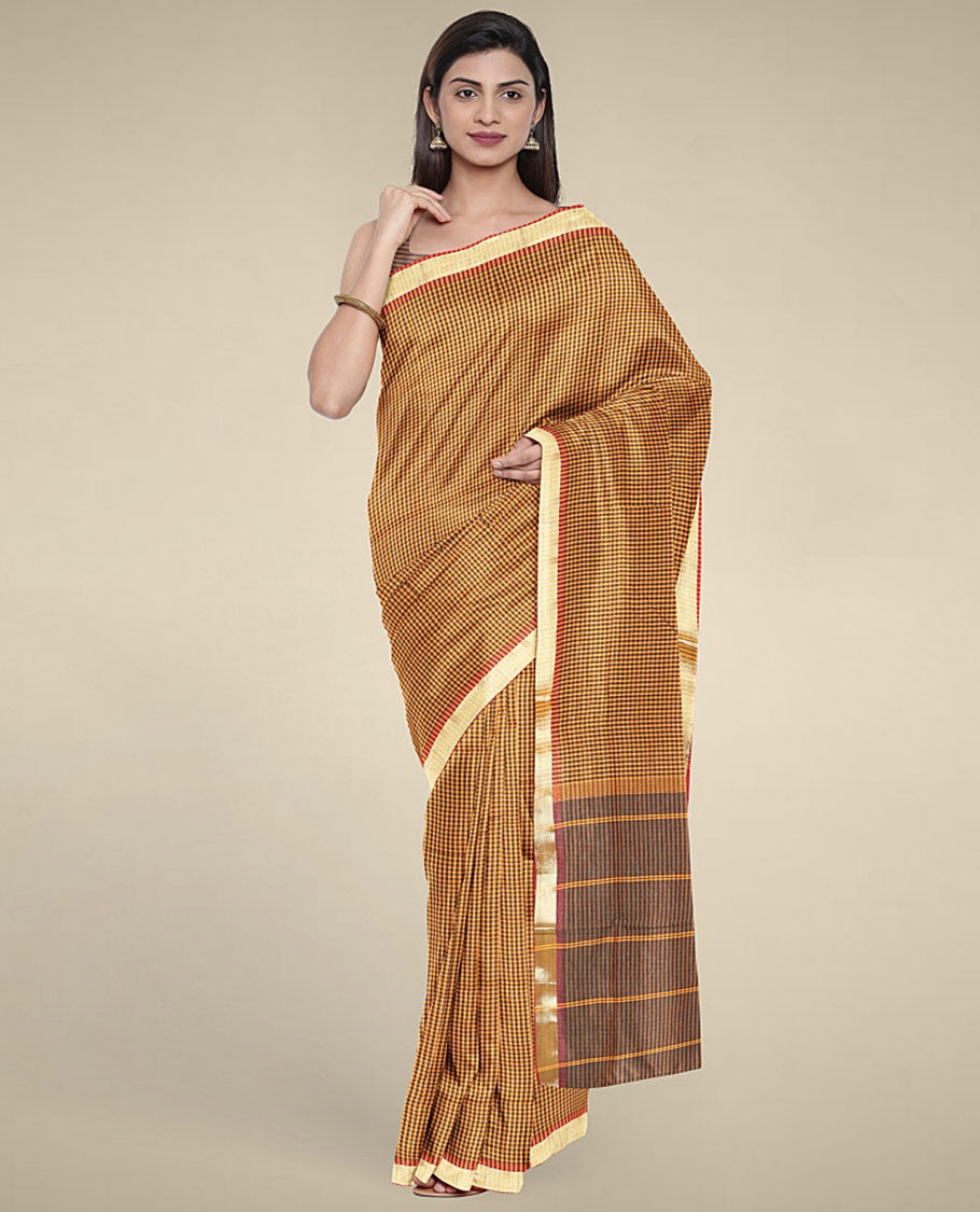 Multi-color micro-checked design poly cotton saree, zari border & contrast pallu of stripes 