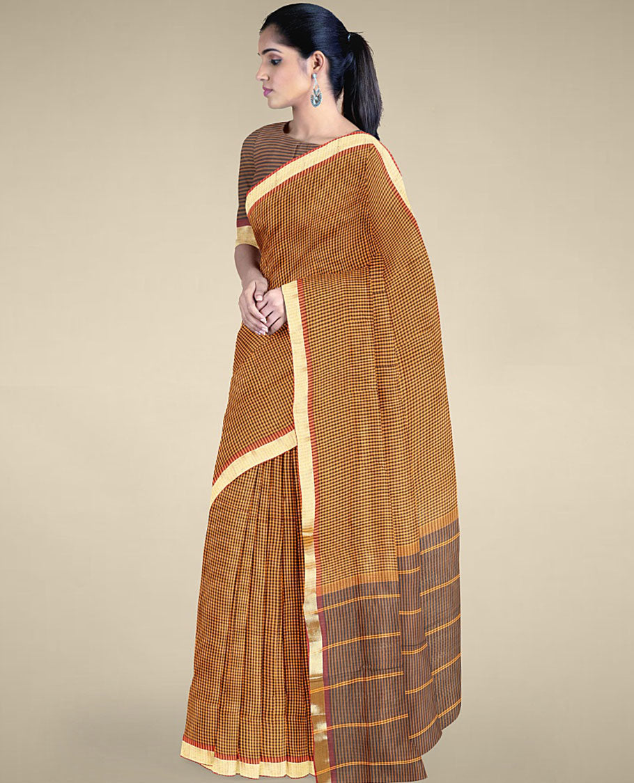 Multi-color micro-checked design poly cotton saree, zari border & contrast pallu of stripes 