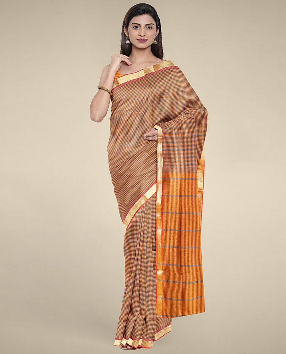 Multi-color micro-checked design poly cotton saree, zari border & contrast pallu of stripes 
