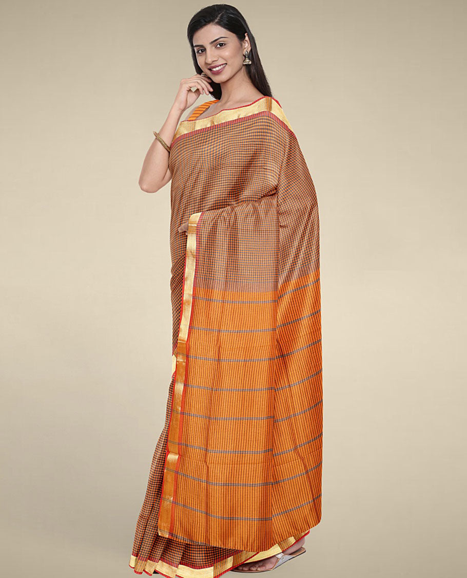 Multi-color micro-checked design poly cotton saree, zari border & contrast pallu of stripes 