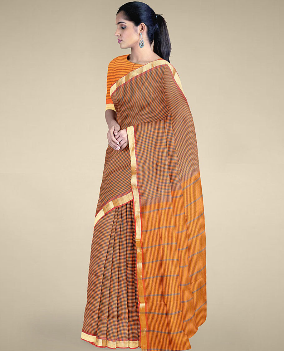 Multi-color micro-checked design poly cotton saree, zari border & contrast pallu of stripes 