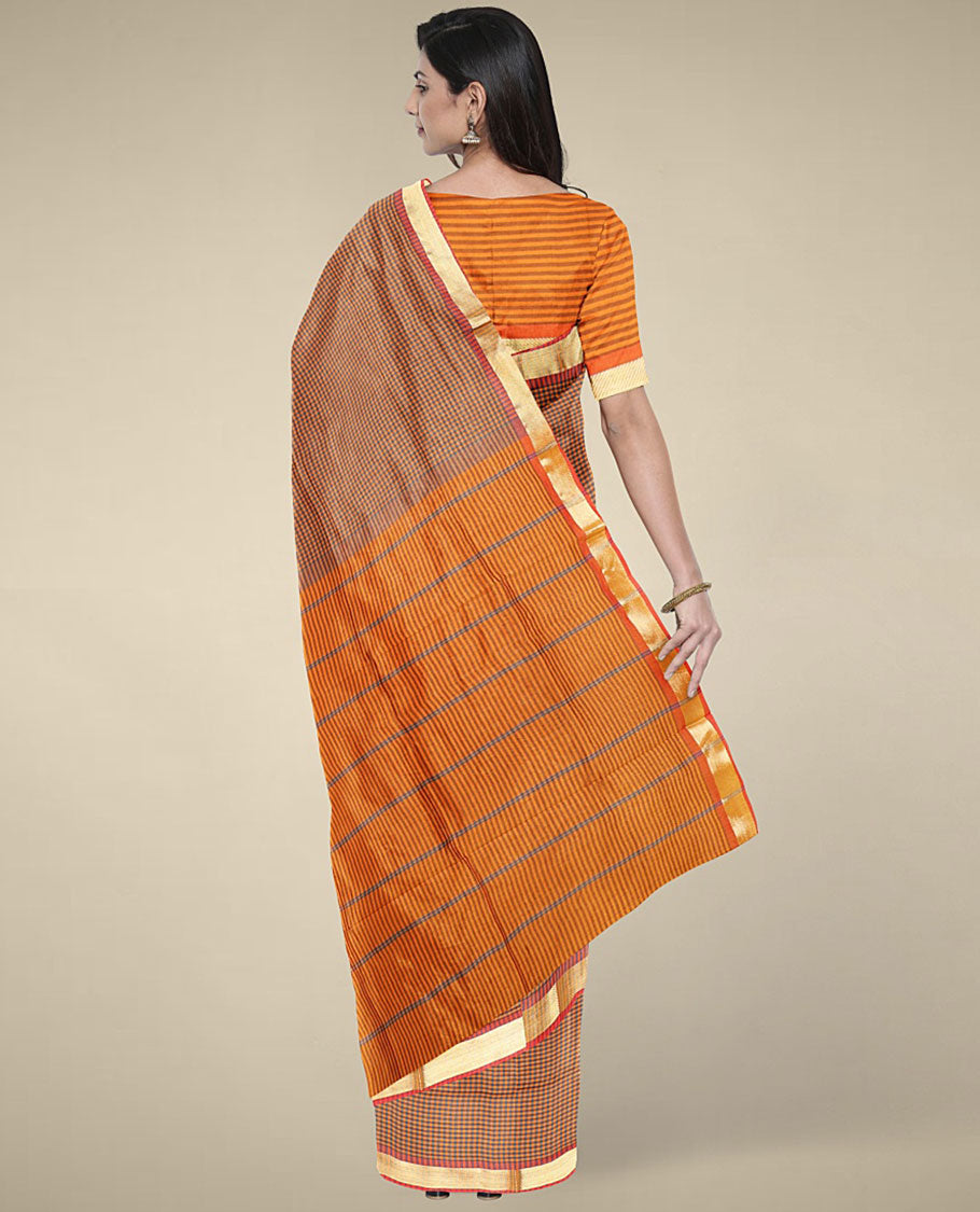 Multi-color micro-checked design poly cotton saree, zari border & contrast pallu of stripes 