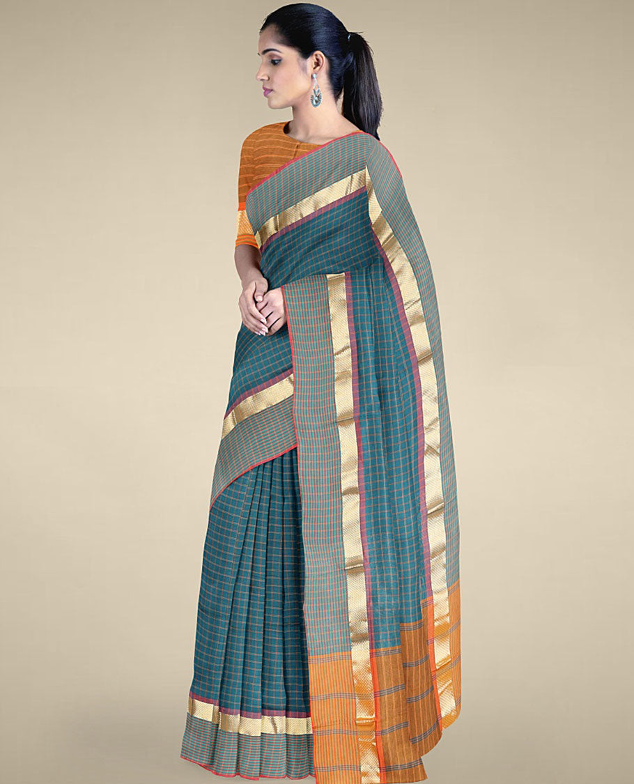 Blue checked design poly cotton saree, zari checked border & contrast pallu of stripes 