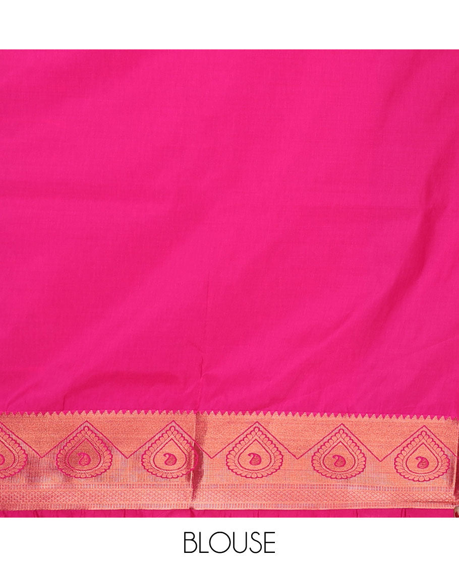 Green semi-soft silk saree with zari buttas, traditional zari border & contrast pallu of floral designs