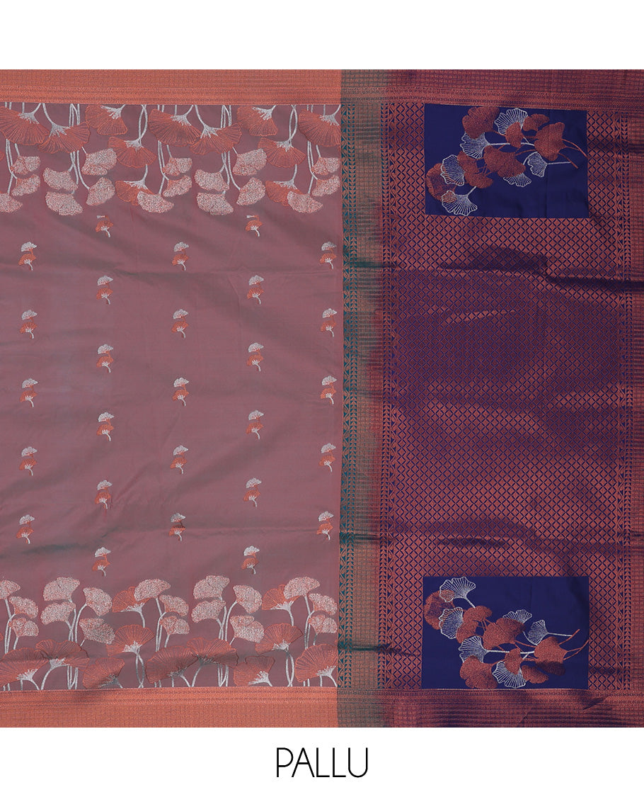 Grey semi-soft silk saree with floral designs, geometric patterned border & contrast pallu of jaal & floral designs