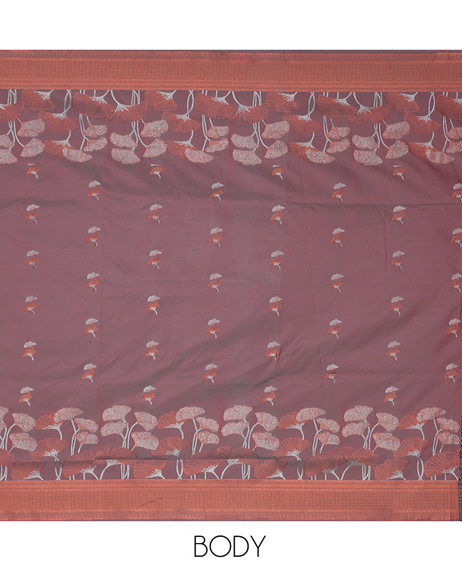 Grey semi-soft silk saree with floral designs, geometric patterned border & contrast pallu of jaal & floral designs
