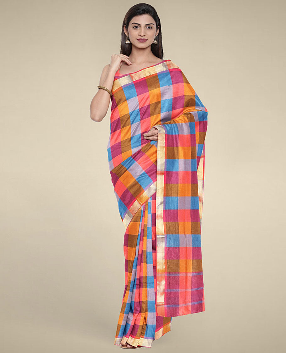 Multi-color checked design poly cotton saree, zari border & pallu of stripes