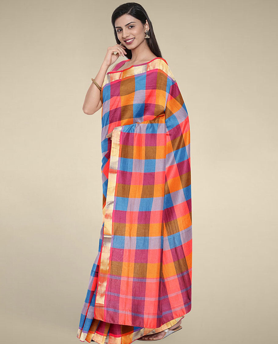 Multi-color checked design poly cotton saree, zari border & pallu of stripes