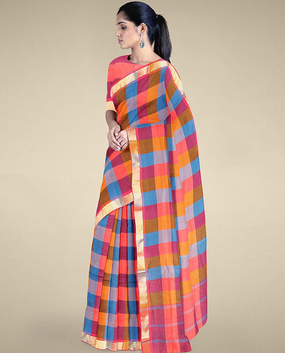 Multi-color checked design poly cotton saree, zari border & pallu of stripes