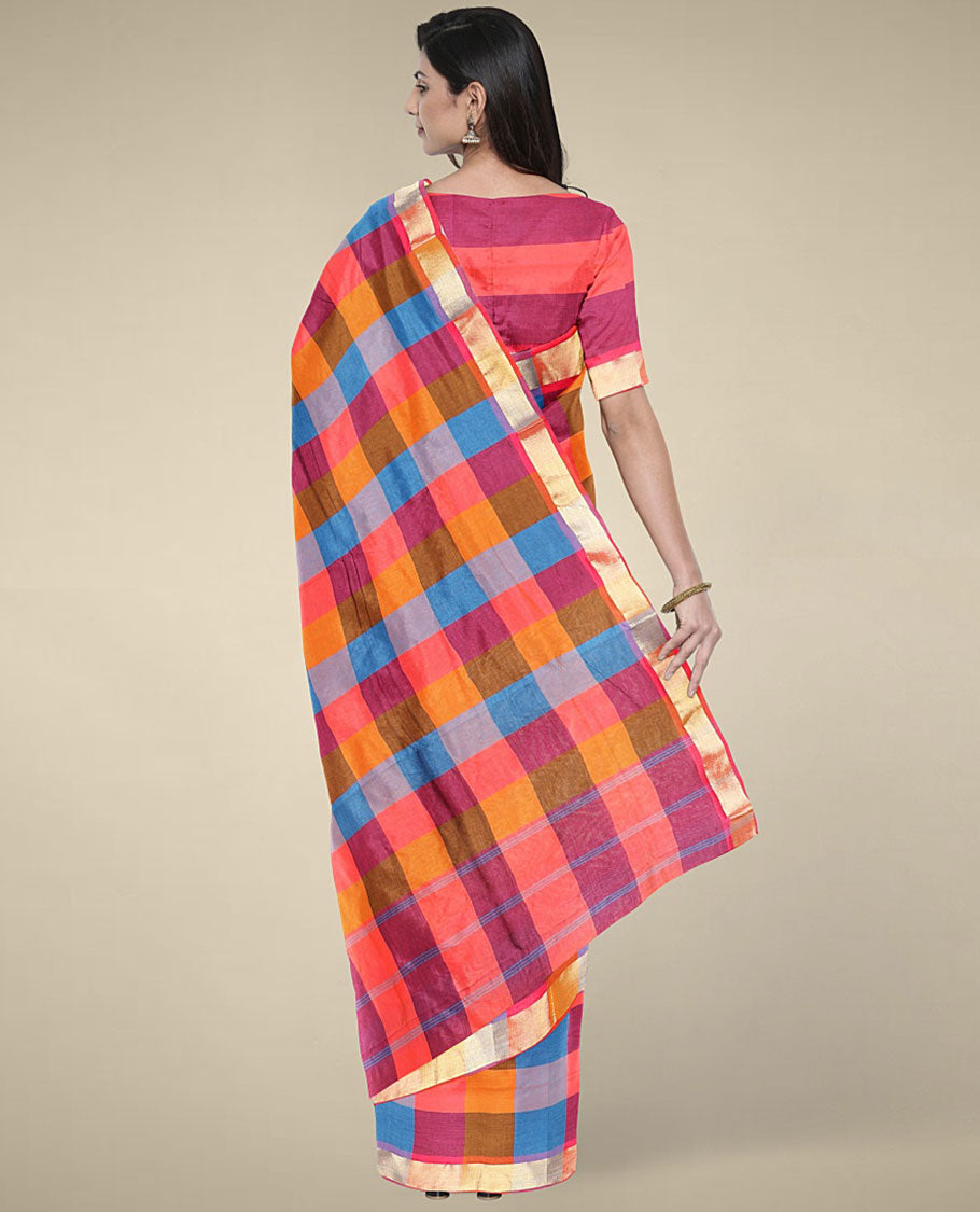 Multi-color checked design poly cotton saree, zari border & pallu of stripes