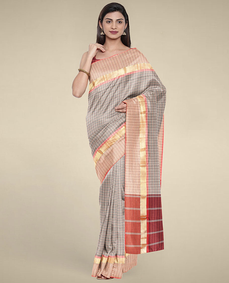 Grey micro-checked design poly cotton saree, zari-checked border & contrast pallu of stripes