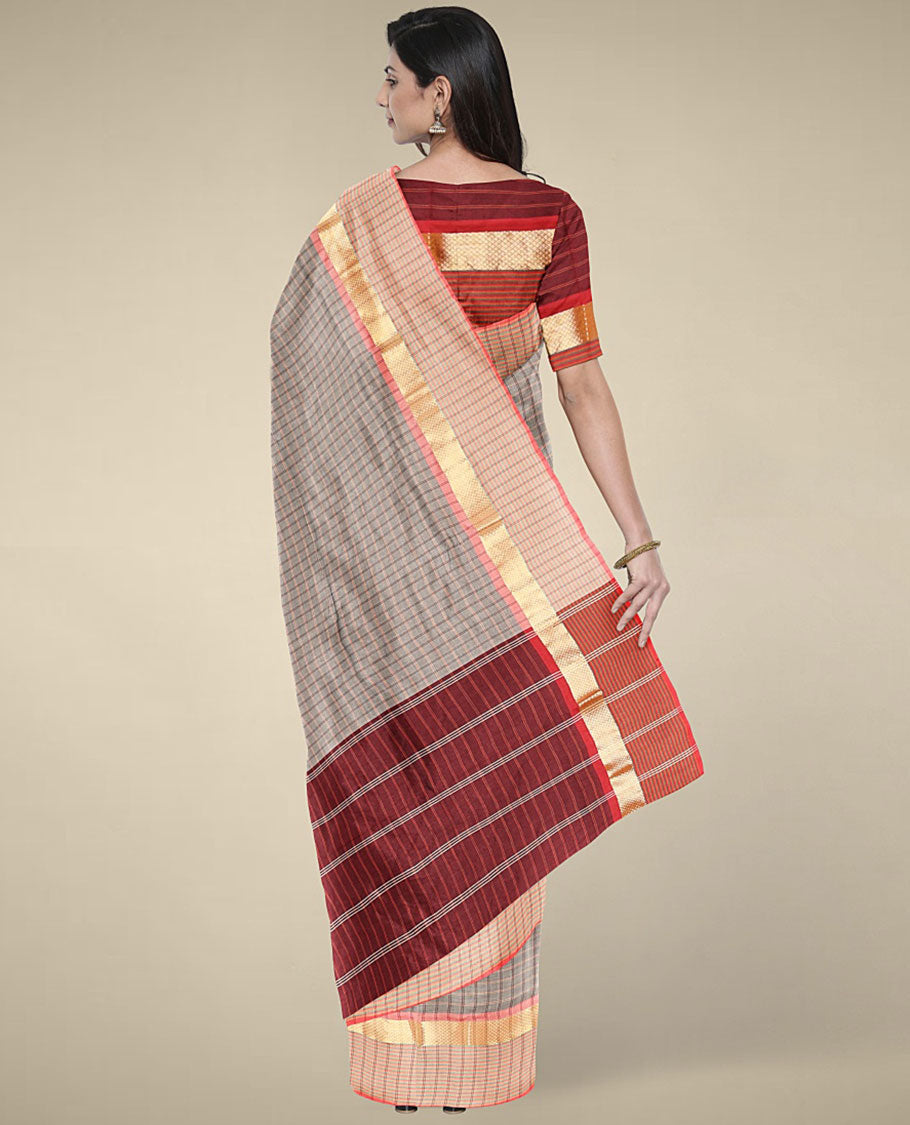 Grey micro-checked design poly cotton saree, zari-checked border & contrast pallu of stripes
