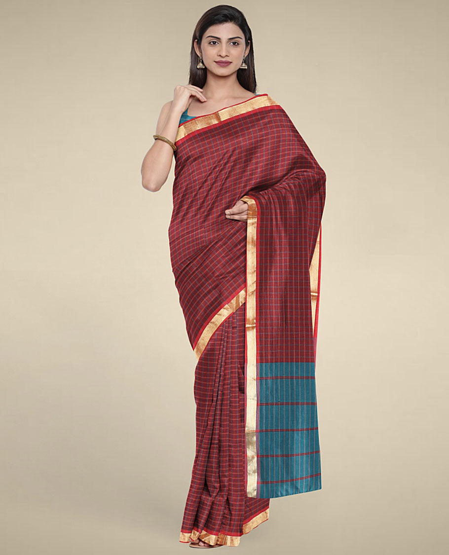 Maroon checked design poly cotton saree, zari border & pallu of stripes
