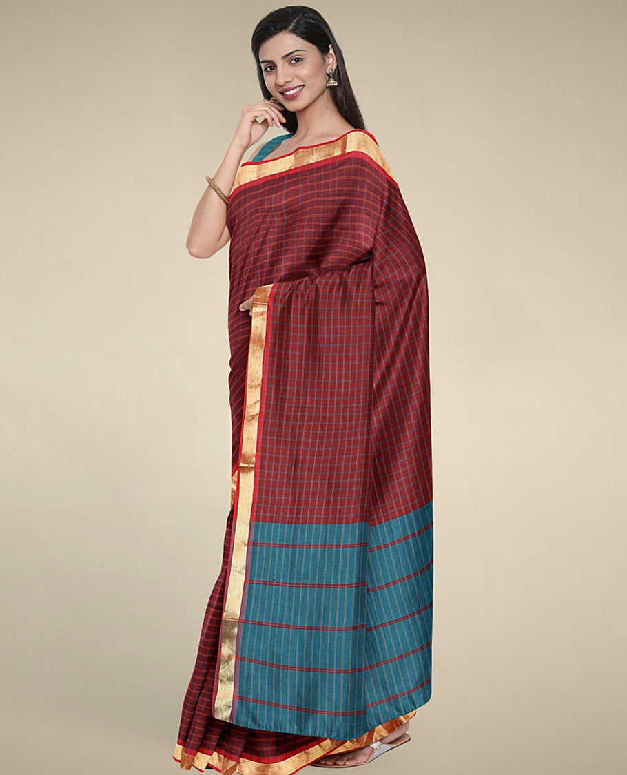 Maroon checked design poly cotton saree, zari border & pallu of stripes