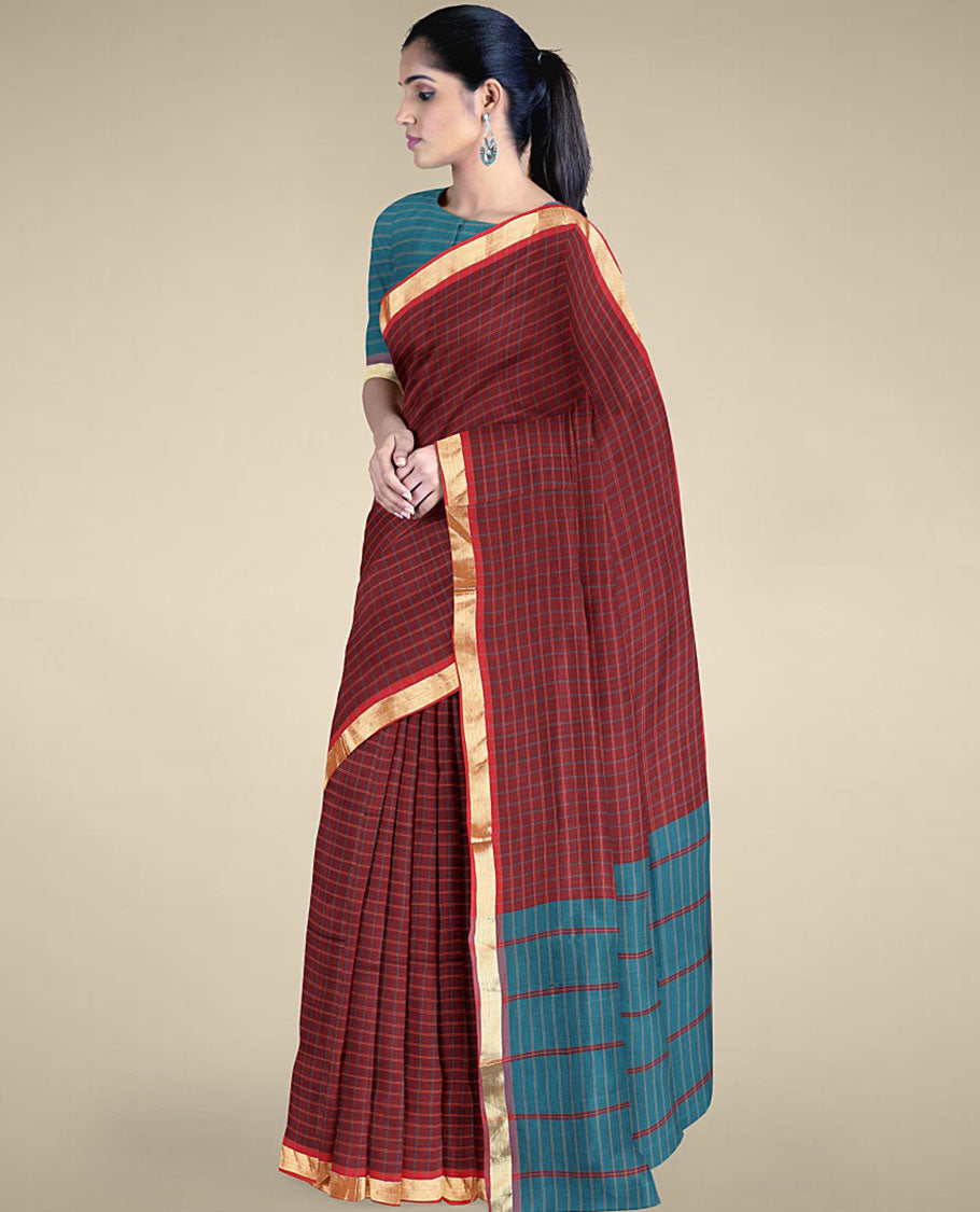 Maroon checked design poly cotton saree, zari border & pallu of stripes
