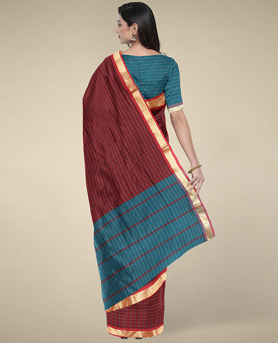 Maroon checked design poly cotton saree, zari border & pallu of stripes