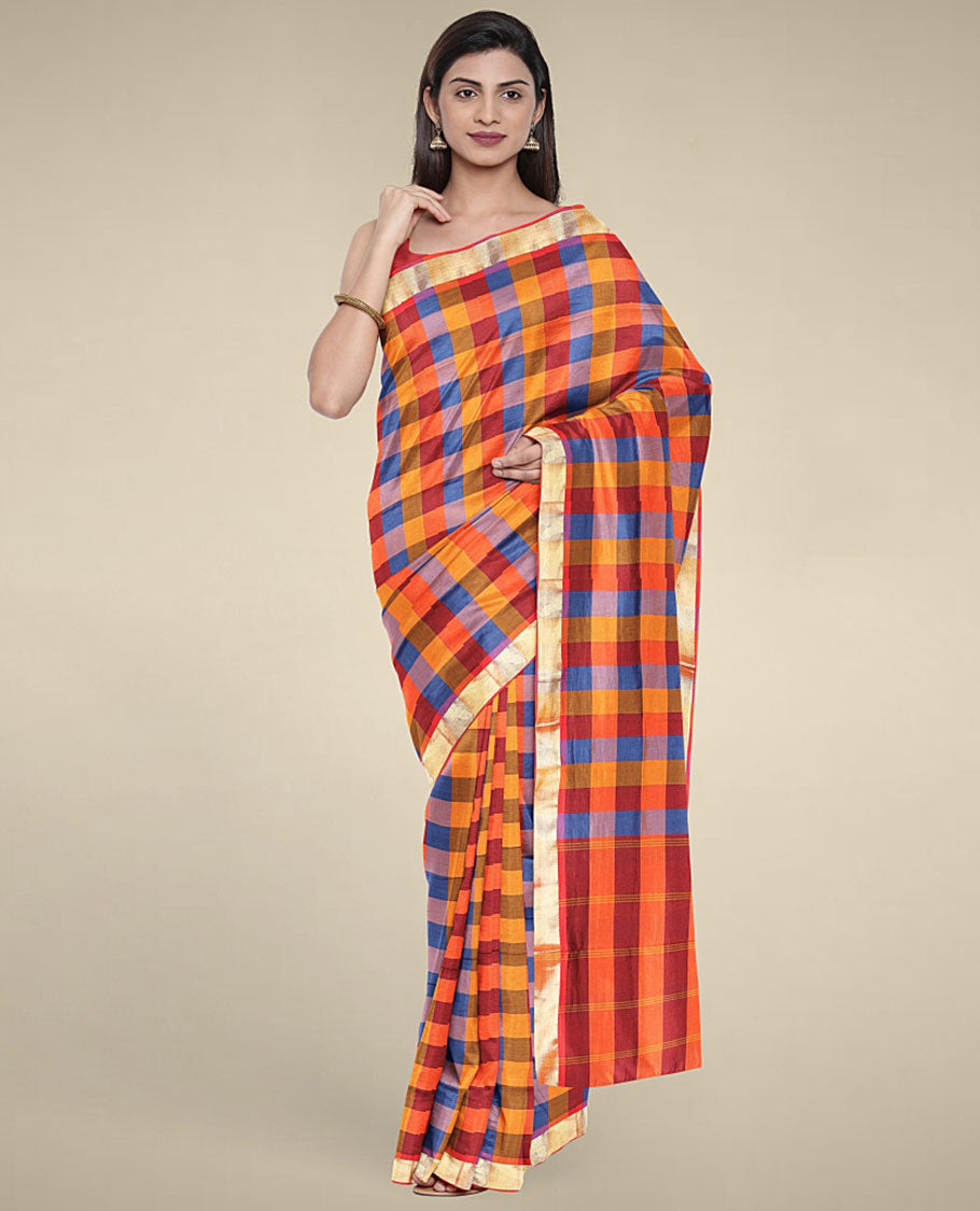 Multi-color checked design poly cotton saree, zari border & checked pallu of stripes