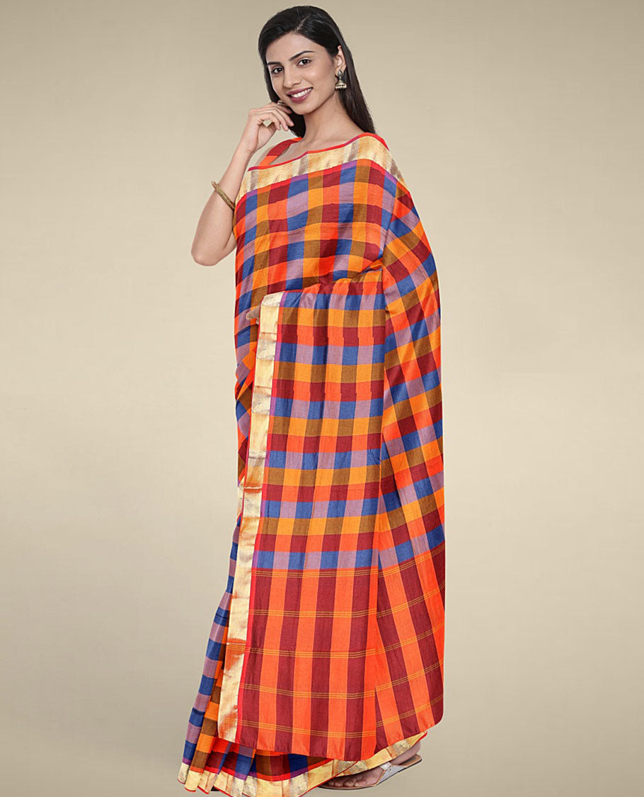 Multi-color checked design poly cotton saree, zari border & checked pallu of stripes