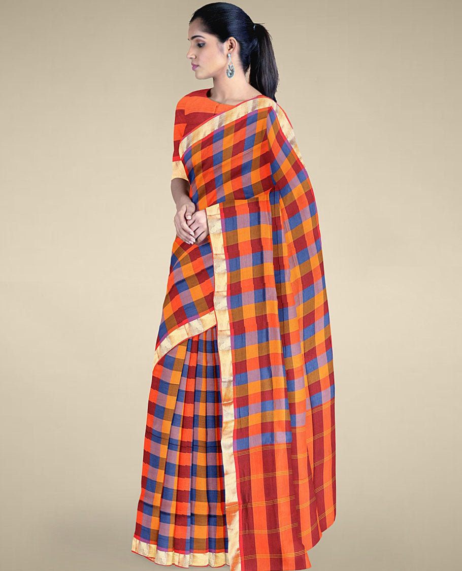 Multi-color checked design poly cotton saree, zari border & checked pallu of stripes