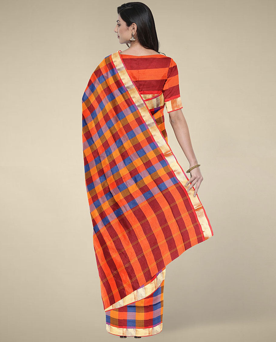 Multi-color checked design poly cotton saree, zari border & checked pallu of stripes