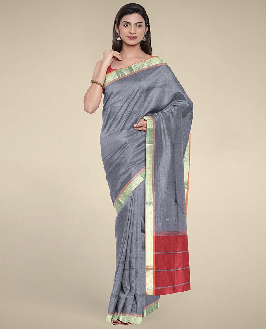 Grey plain design poly cotton saree, zari border & contrast pallu of stripes