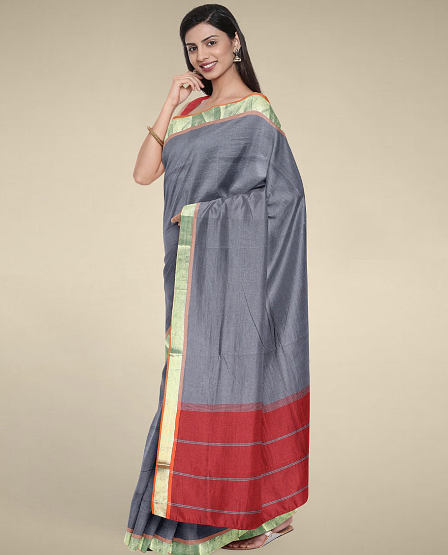 Grey plain design poly cotton saree, zari border & contrast pallu of stripes