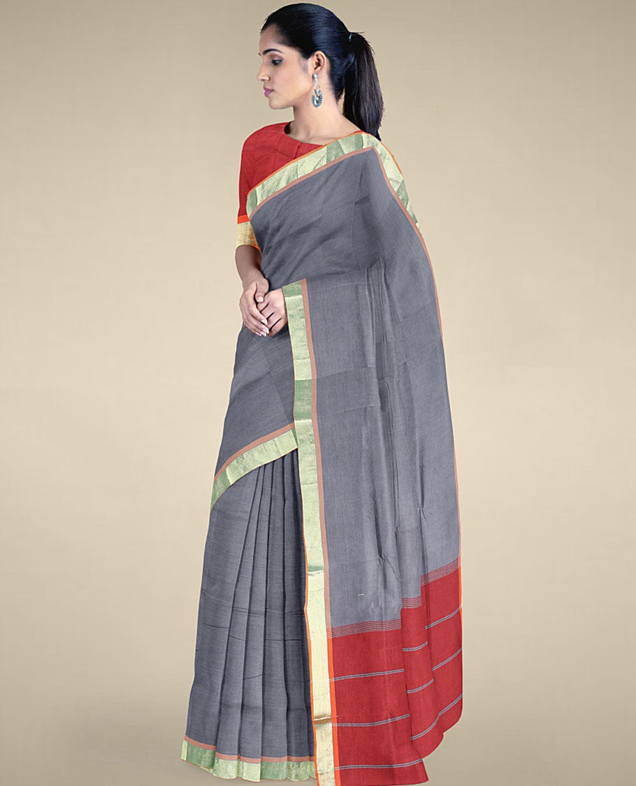 Grey plain design poly cotton saree, zari border & contrast pallu of stripes