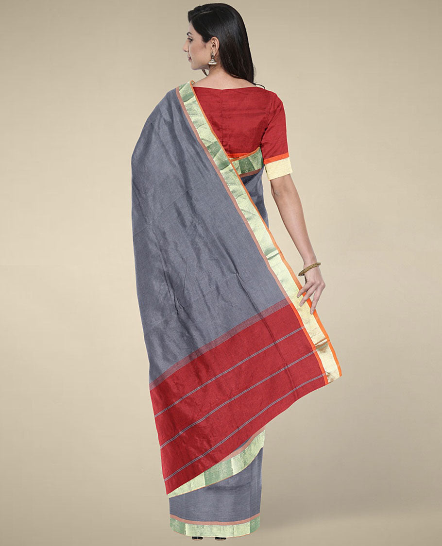 Grey plain design poly cotton saree, zari border & contrast pallu of stripes