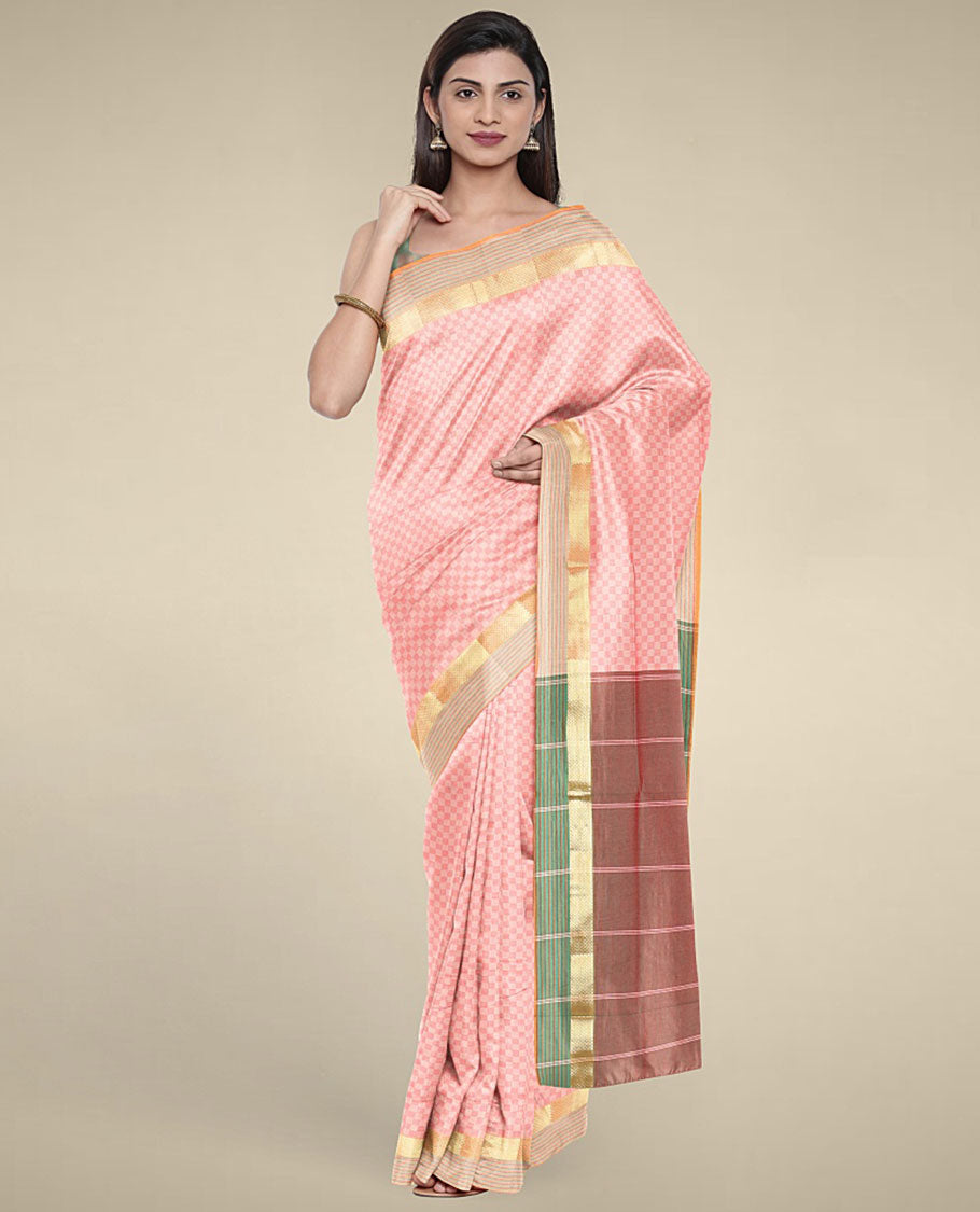 Pastel pink sparsely checked design poly cotton saree, zari border & contrast pallu of stripes