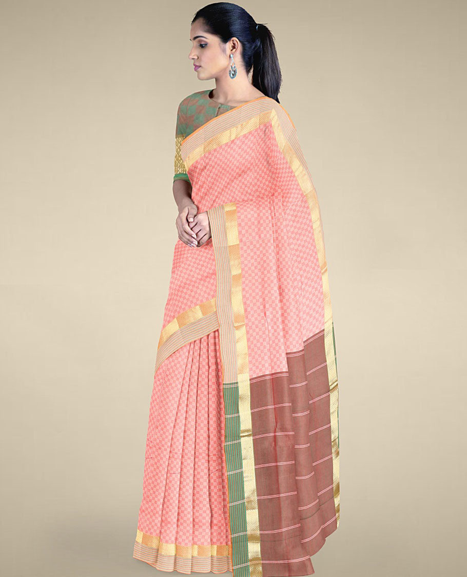 Pastel pink sparsely checked design poly cotton saree, zari border & contrast pallu of stripes