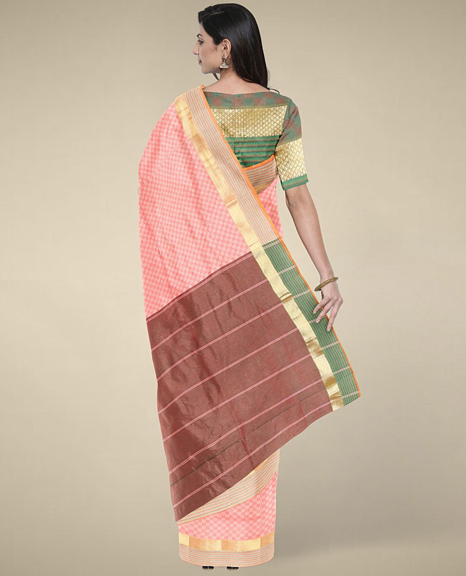 Pastel pink sparsely checked design poly cotton saree, zari border & contrast pallu of stripes