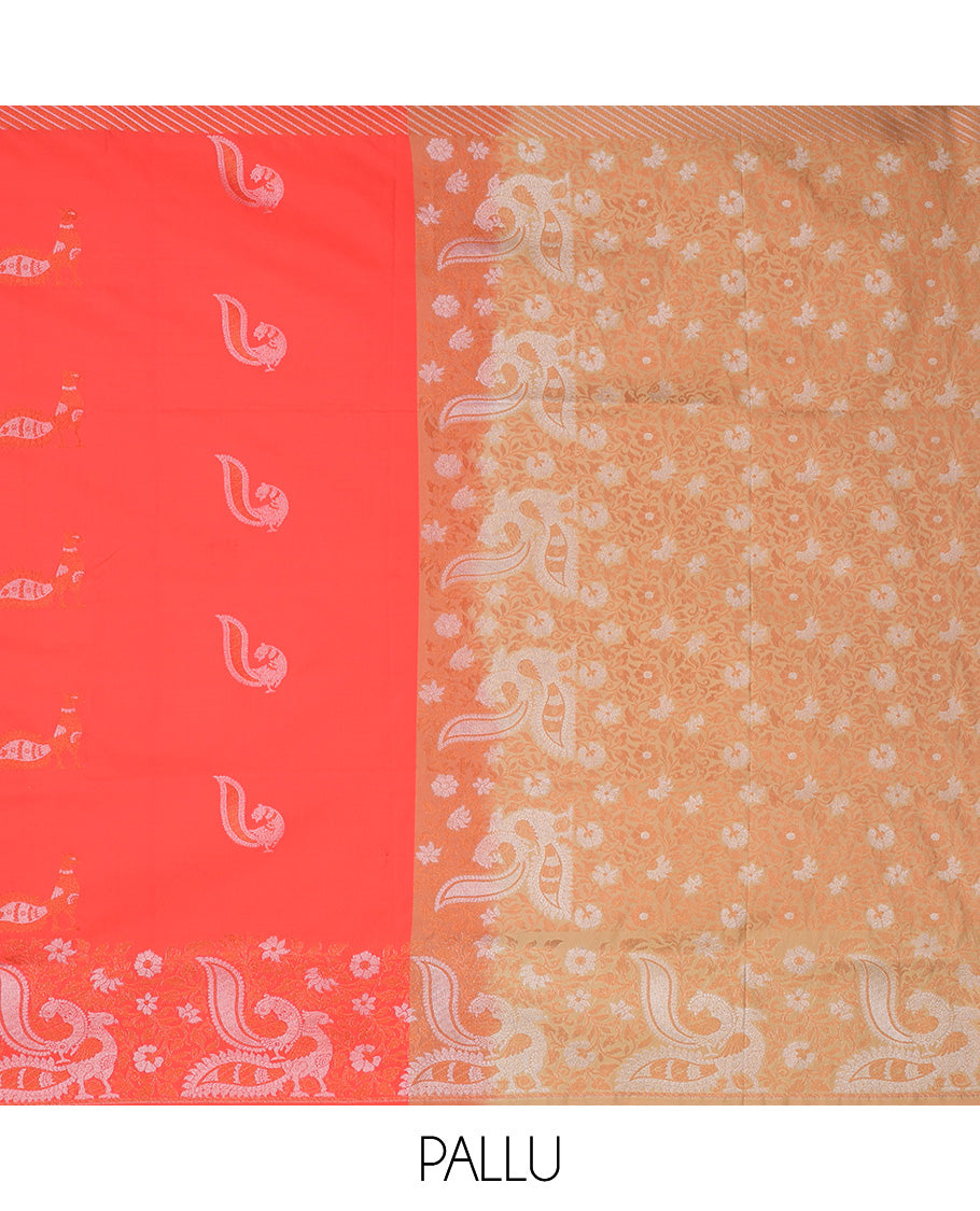 Pink semi-soft silk saree with peacock designs, self-border & contrast pallu of floral & peacock designs