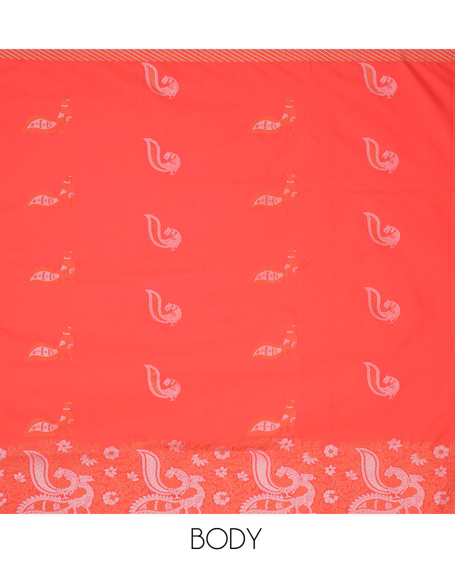 Pink semi-soft silk saree with peacock designs, self-border & contrast pallu of floral & peacock designs