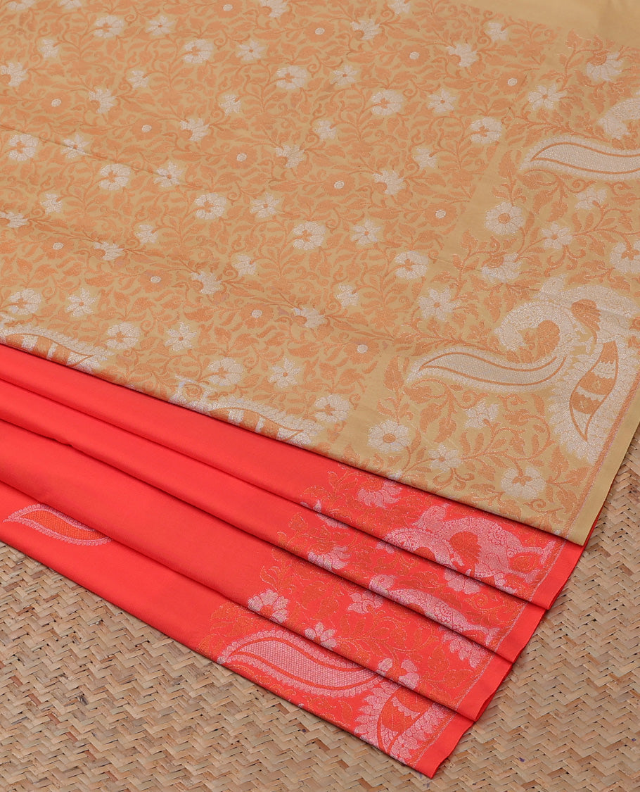 Pink semi-soft silk saree with peacock designs, self-border & contrast pallu of floral & peacock designs