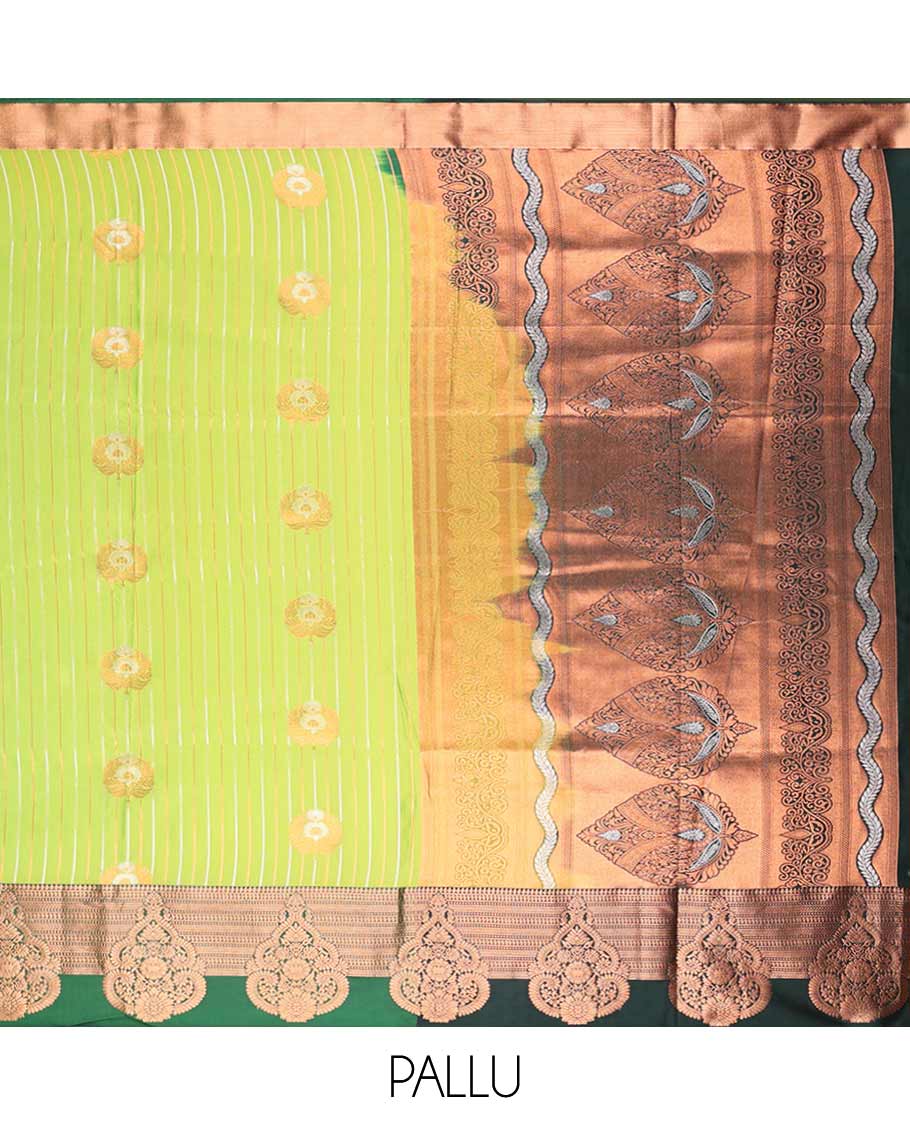 Green semi-soft silk saree with zari designs, contrast zari border & pallu steeped with intricate designs