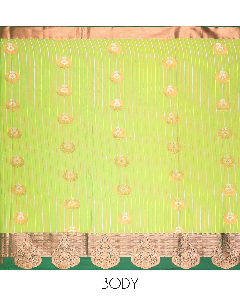 Green semi-soft silk saree with zari designs, contrast zari border & pallu steeped with intricate designs